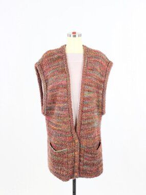 Vintage CHRISTIAN DIOR Red Marled Wool Knit Oversized V-Neck Cardigan, Size L